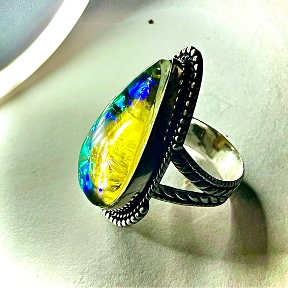 New 925 Sterling Silver Green Yellow Triplet Opalite Artisten Tear Drop Ring - Picture 13 of 17
